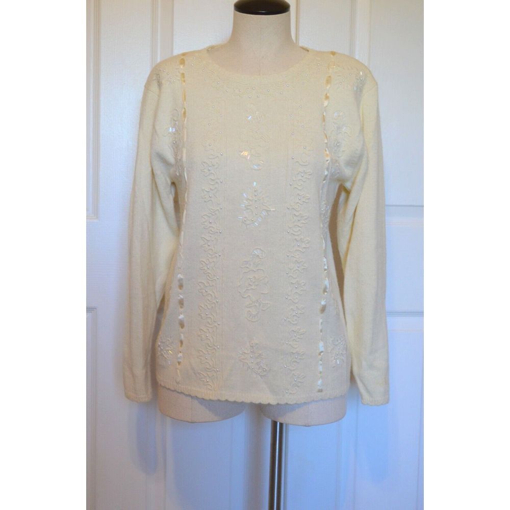 Vintage Jantzen Women's Sweater Petite M Embellished w/ Beads Ribbons